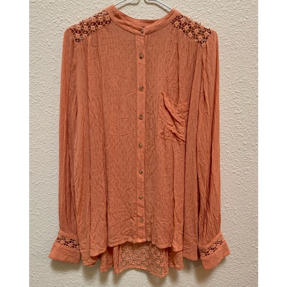 FREE PEOPLE peach the best button down lace back blouse . NWOT . size S - Picture 4 of 6